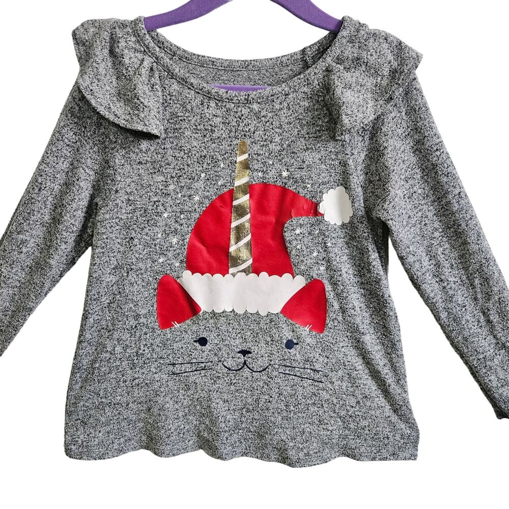 Cat & Jack Girls 5T Unicorn Santa Cat Long Sleeve Shirt Gray Ruffle Christmas